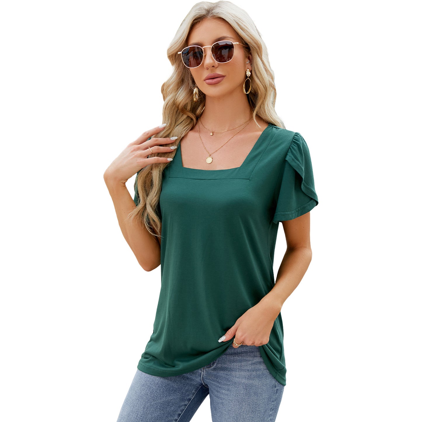 Square Neck Printed Short-sleeved T-shirt