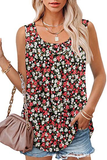 Round Neck Tank Sleeveless Tops Summer Loose Pleated Printed Vest Women