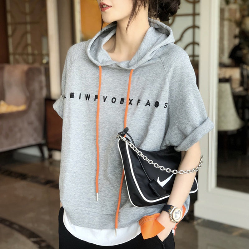 Loose Hooded T Shirt Short Sleeves