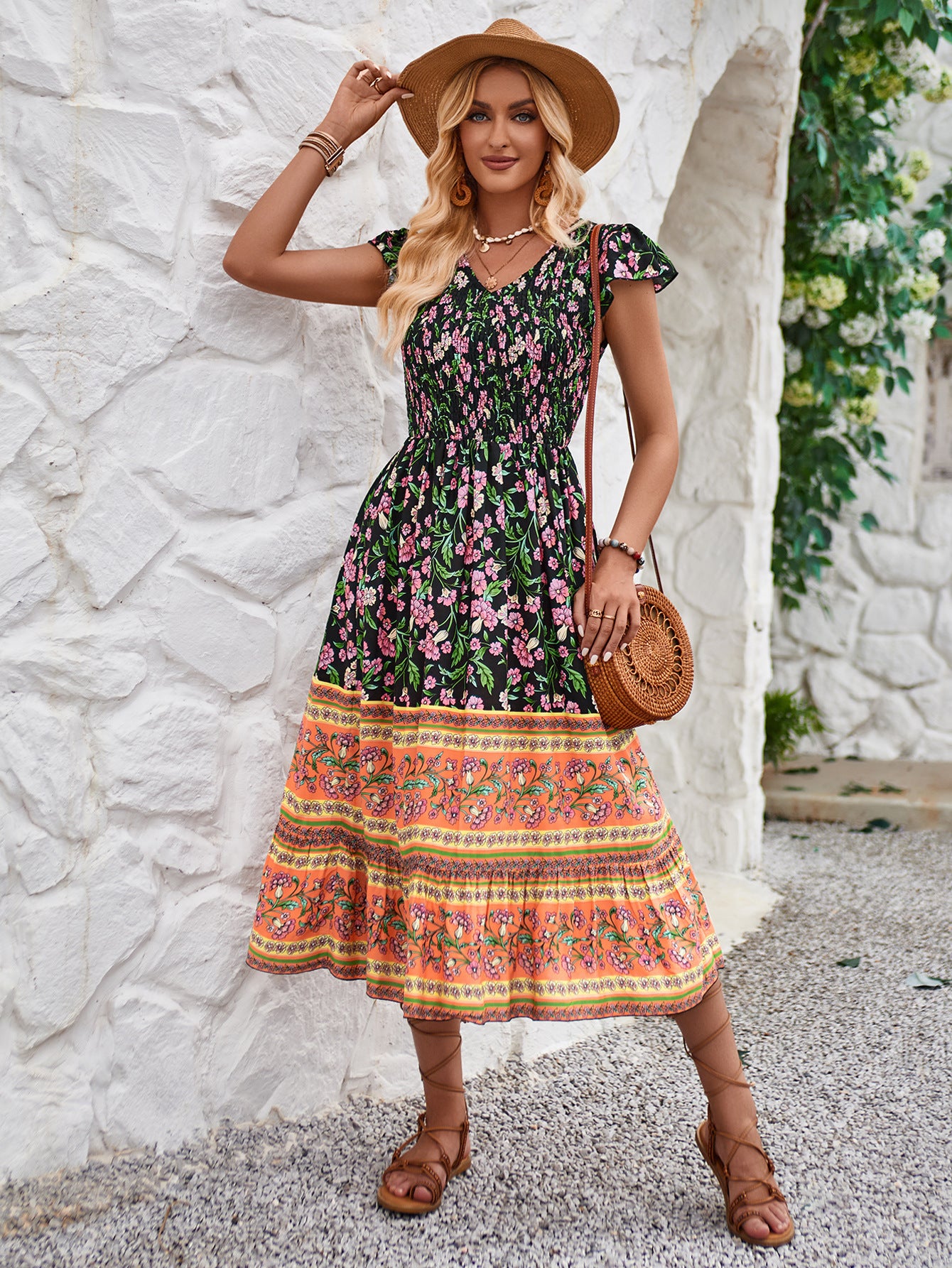 V-neck Casual Ruffle Sleeveless Dresses