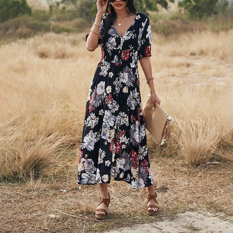 Floral Summer Beach Dress With V Neck