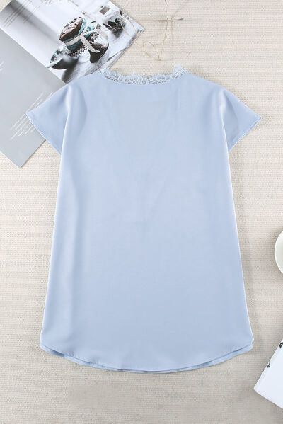 Lace Detail V-Neck Cap  Sleeve T-Shirt