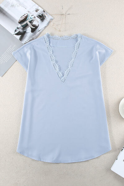 Lace Detail V-Neck Cap  Sleeve T-Shirt