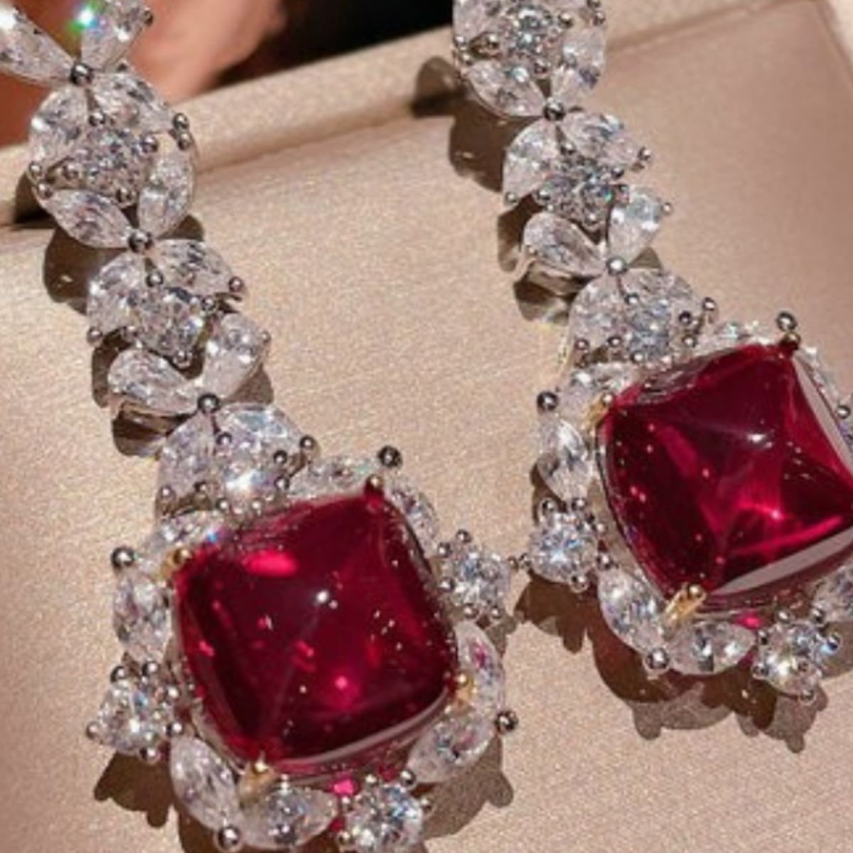 Platinum-Plated Artificial Gemstone Dangle Earrings