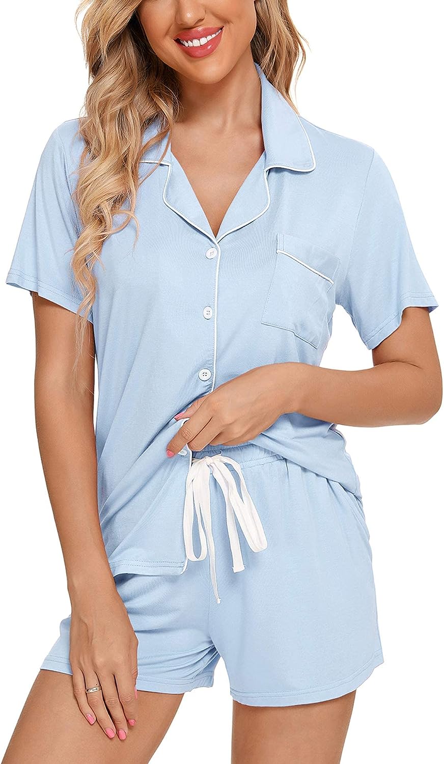 Womens Pajamas Set Short Sleeve Sleepwear Button down Nightwear Shorts Soft Pj Sets S-XXL